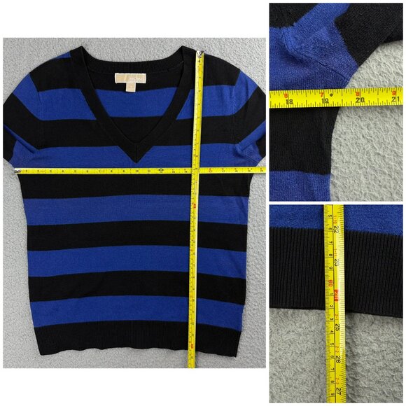 Michael Kors Sweater Womens Small S Blue Black Stripe V Neck Sequins Elbow Knit - Picture 10 of 10